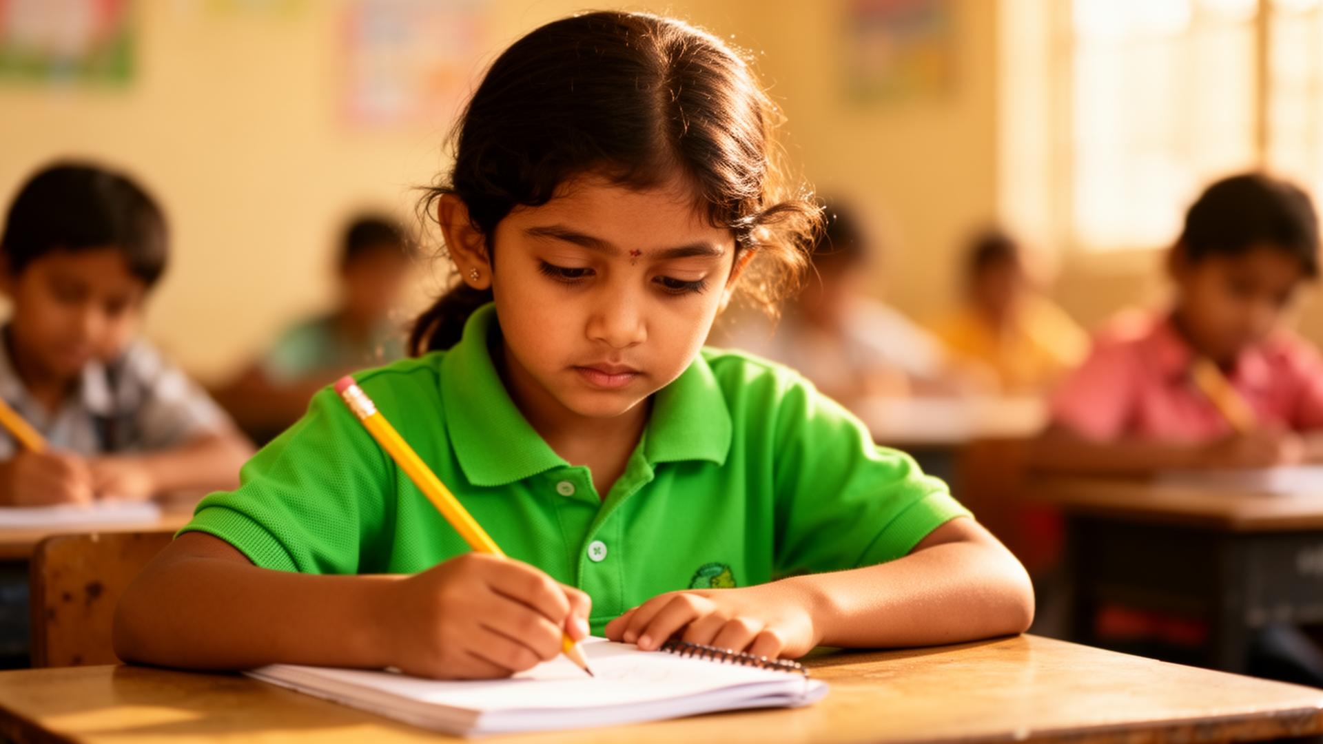 Young child focused on writing in a preschool classroom
