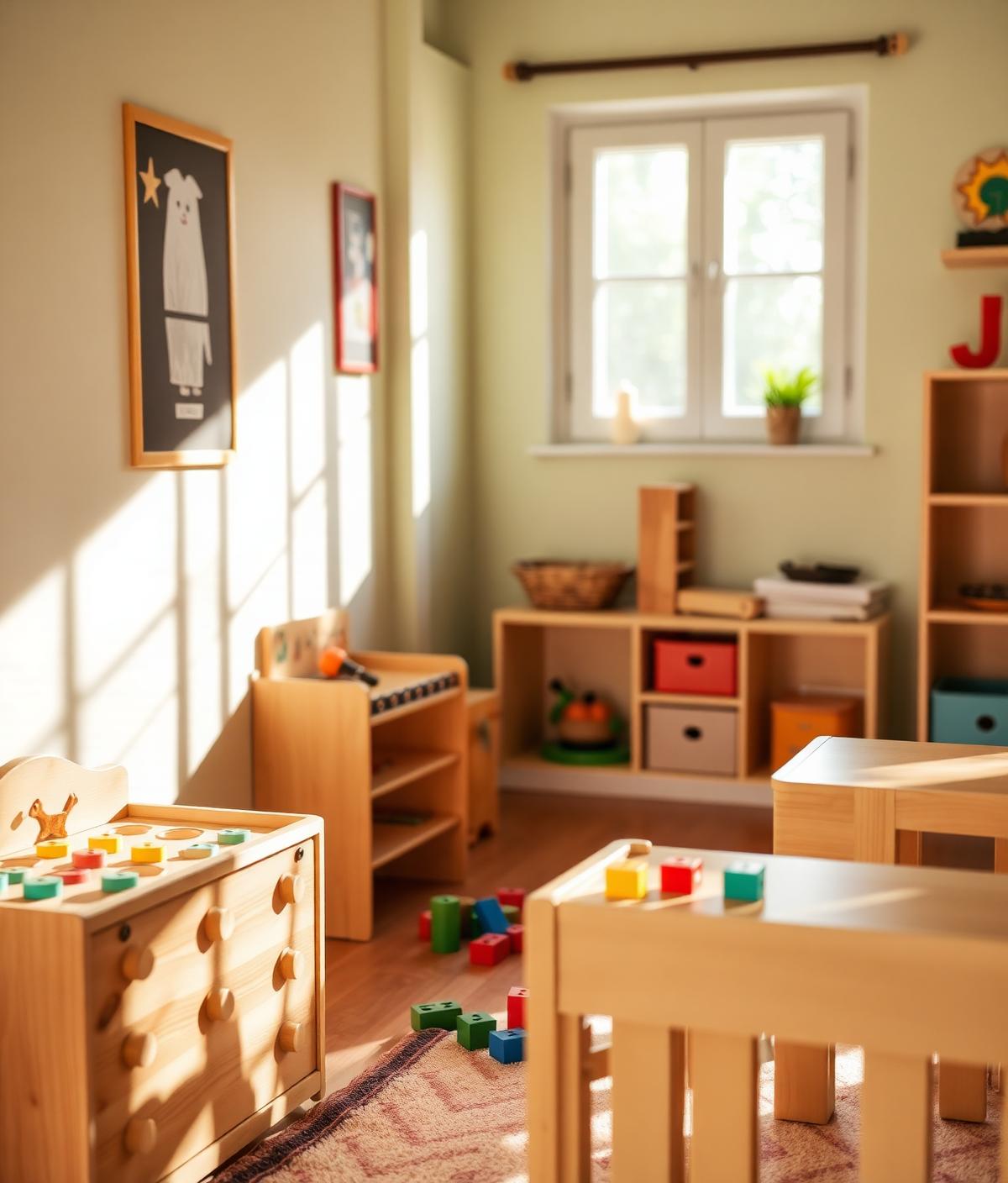 Bright Montessori classroom with wooden toys